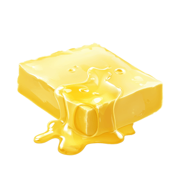 Melting butter atop a smooth surface, showcasing rich textures and vibrant color contrast, A piece of melting butter isolated png