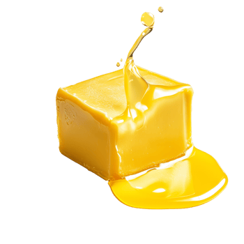 A vibrant cube of butter melting and pooling on a smooth surface, showcasing its rich yellow color in a like setting, Cube butter melting isolated png