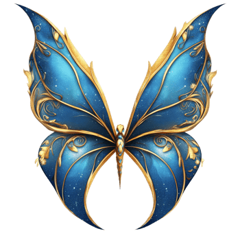 Beautiful blue and gold fairy wings with a sparkling design in a whimsical setting, Blue and Gold Fairy Wings with Sparkling Design, Isolated on transparent background png