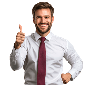 Confident businessman smiling and giving a thumbsup while standing in a neutral setting during daylight, Confident businessman pointing and smiling file no background png