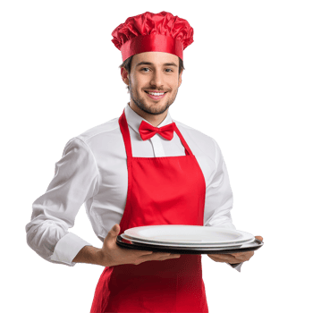 Festive waiter in red attire holding plates, ready to serve, against a clean transparent backdrop for holiday celebrations, Festive Waiter Ready to Serve On transparent background png