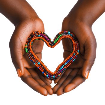 Hands adorned with a vibrant beaded bracelet create a heart shape symbolizing love and unity, African Hands with Beaded Bracelet Forming Heart Shape on transparent background png
