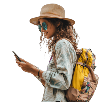 Young woman exploring a new destination with a smartphone and backpack under bright sunlight, file no background Young woman traveling and using a smartphone png
