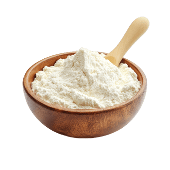 Whey protein powder in a wooden bowl photographed against a clean transparent background, whey protein in a wood bowl on transparent background png