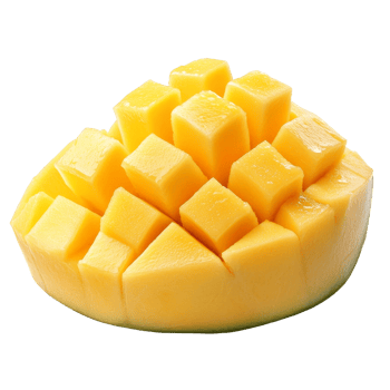 Fresh mango slice cut into cubes, showcasing vibrant yellow color and juicy texture on a transparent background, Mango slice cut to cubes isolated on transparent background png