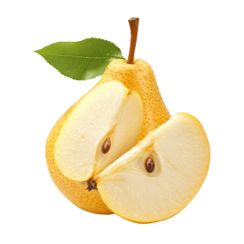 A fresh half yellow pear with a green leaf on a transparent background for healthy eating inspiration, Half of yellow pear fruit on transparent background png