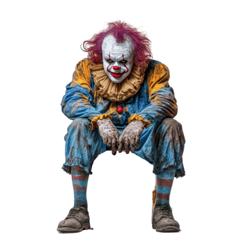 A scary clown in tattered clothing sits alone on a chair against a stark transparent background, evoking eerie feelings, Scary clown sitting on a chair isolated on transparent background png