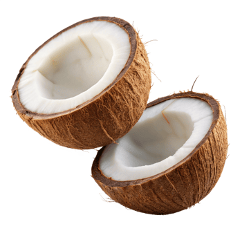 Realistic floating coconut halves with husk detail on transparent background png