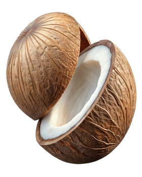 Halved coconut weightlessly suspended on transparent background png