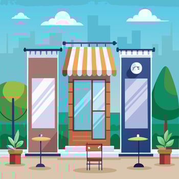 Three Enticing Large Banner Mockups to Display Your Message in Front of a Quaint Coffee Shop vector