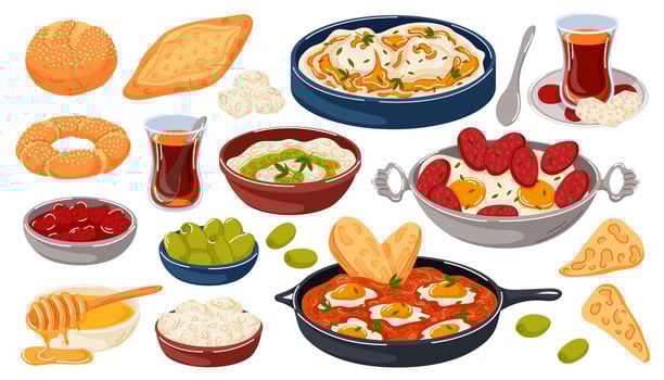 Traditional Turkish breakfast food simit, tea, cilbir, egg, sucuk, menemen, pogaca, bread in cartoon style. Middle eastern cuisine for restaurant menu, cafe, bakery isolated on a white background. vector