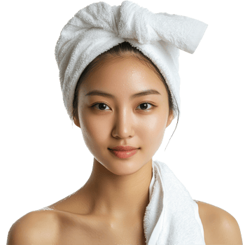 An Asian woman with a towel on her head relaxing at home after a refreshing bath, Asian Woman with Towel Wrapped Around Head Isolated on transparent background png