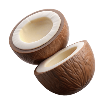 Coconut half with visible milk flying on transparent background png