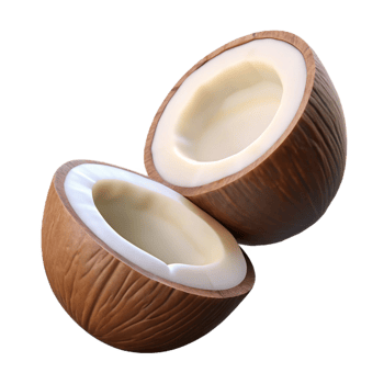 Flying coconut cut into two parts on transparent background png