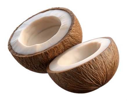 Split coconut floating naturally on transparent background png