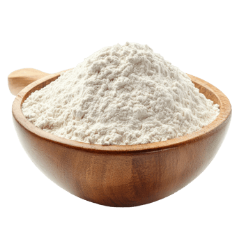 A wooden bowl filled with flour placed on a transparent surface for cooking preparation, bowl of flour isolated on transparent background png