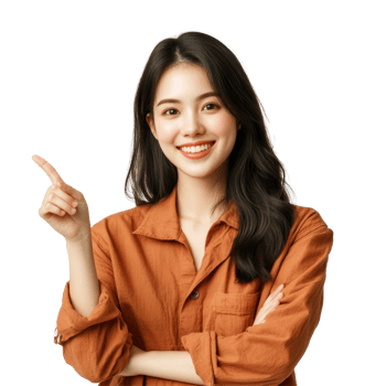 Cheerful Asian woman smiling while pointing to the side in natural light setting, Asian Smiling woman pointing finger to the side with copy space isolated transparent background png