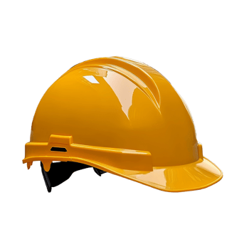 A bright yellow safety helmet positioned on a cobblestone path with a blurred background of a construction site, Side view of yellow safety helmet png