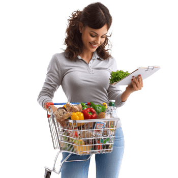 Woman happily checking her grocery list while pushing a shopping cart filled with fresh produce and essentials, file no background Woman with full shopping cart writing a list png