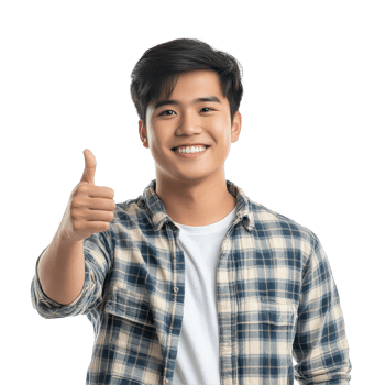 Young Asian man giving a thumbs up and smiling brightly indoors in a casual plaid shirt, Happy handsome young Asian man showing thumb up isolated transparent background png