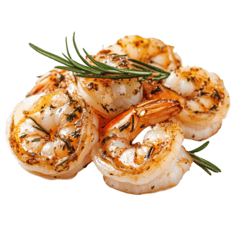 Juicy cooked shrimp garnished with fresh herbs on a clean transparent background showcasing their delicious appeal, Cooked shrimp isolated on transparent background png