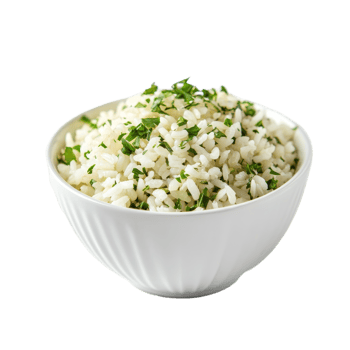 Cooked jasmine rice garnished with fresh herbs served in a simple transparent bowl on a neutral background for an elegant presentation, Cooked Jasmin Rice in transparent bowl on transparent background png