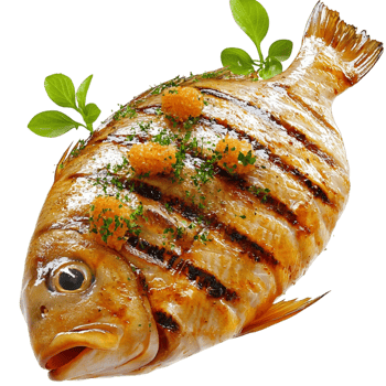 Grilled whole fish golden brown skin herbs png