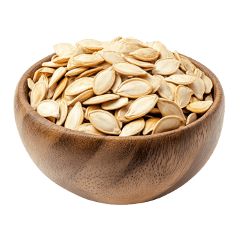 Fresh pumpkin seeds in a wooden bowl on a transparent background ready for snacking or cooking, Pumpkin seeds in wood bowl isolated on transparent background png