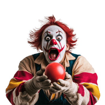 A surprised clown attempting to scare someone while holding a red ball against a bright transparent background, Clown trying to scare surprise someone on transparent background png
