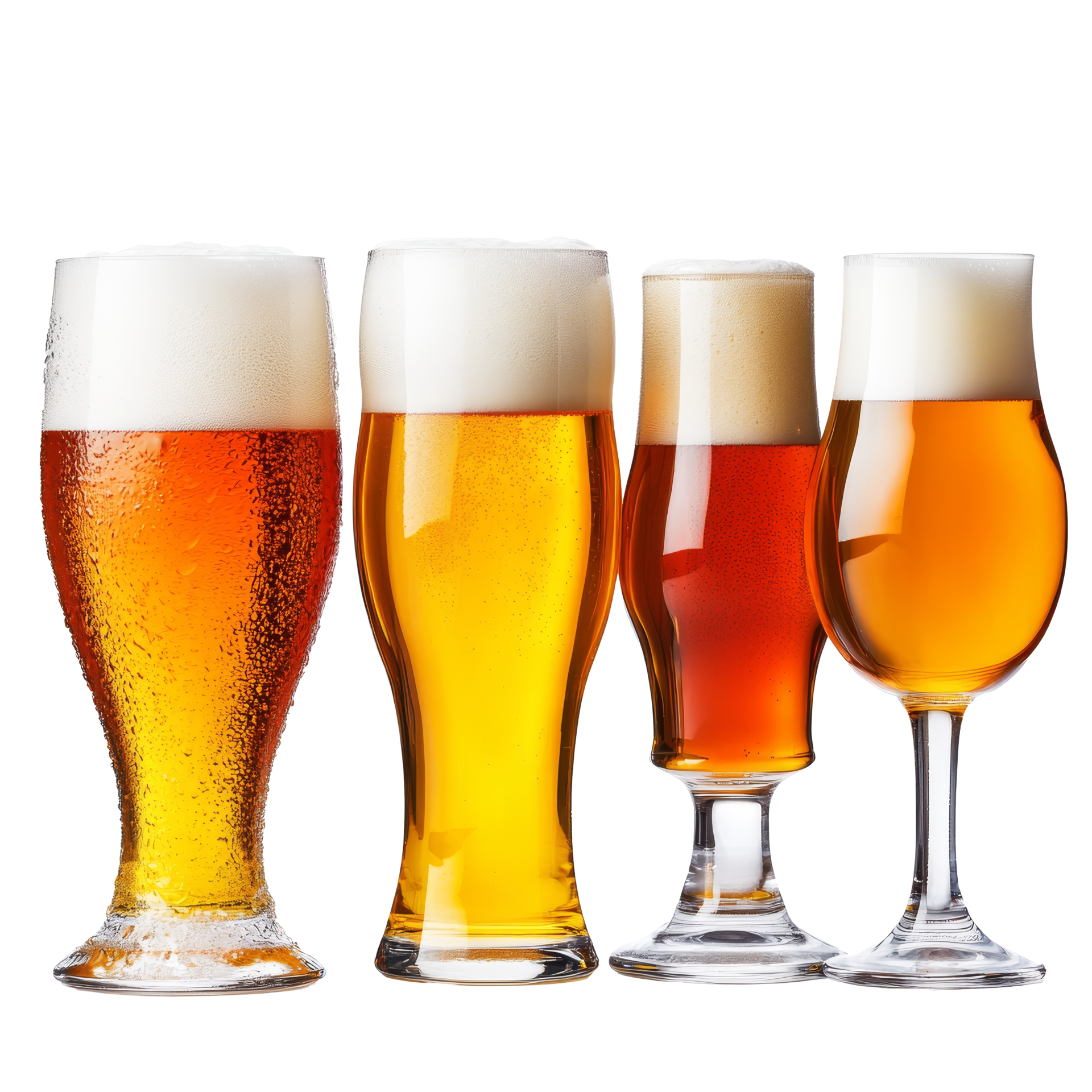Craft beer glasses filled with various brews on a transparent background showcasing diverse colors and frothy tops, Craft Beer Glasses On transparent background png