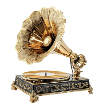 Classic golden gramophone featuring intricate design sits gracefully against a clean transparent background, showcasing timeless musical elegance, Classic Golden Gramophone on transparent background png