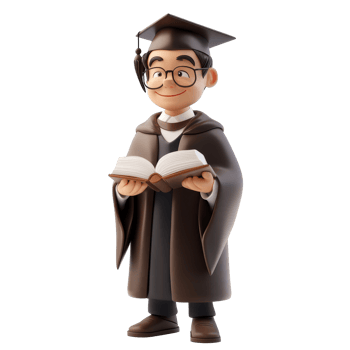 A cheerful scholar character in graduation attire holding a book against a clean transparent background, 3D Scholar Character on transparent background png