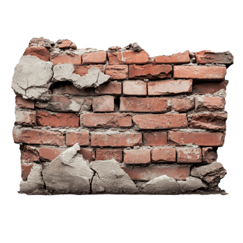Collapsing stone brick wall with cracks and damage showcasing weathered hues in an old urban setting, collapsed, cracked, damaged or broken stone brick wall, isolated on transparent background png