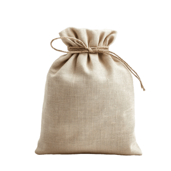 Natural ecofriendly linen bag mockup for sustainable packaging solutions, Textile small bag mockup. Natural eco fabric linen cotton sack isolated on transparent, transparent background png