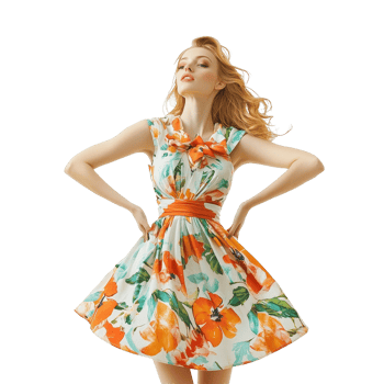 A young woman in a floral summer dress poses playfully against a bright transparent background, young beautiful woman in summer dress isolated on transparent background png
