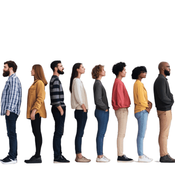 Diverse individuals patiently waiting in line against a transparent background during a quiet urban afternoon, Diverse people waiting patiently in line png