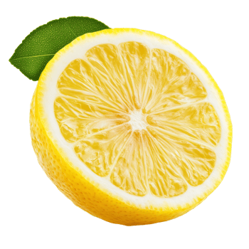 Freshly cut lemon isolated on a transparent background with vibrant yellow color and green leaf accenting its juiciness, lemon isolated on transparent background png