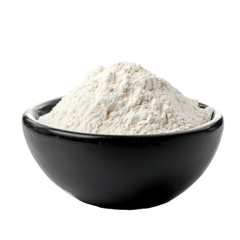 A closeup view of a black bowl filled with fine flour isolated on a clean transparent background for culinary use, Pile of flour in black bowl isolated on transparent background png