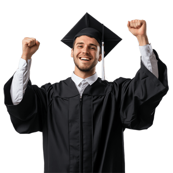 Male graduate celebrating achievement with raised fist against a clean transparent background, Hooray Male Graduate with Raised Fist on transparent background png