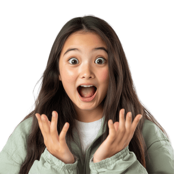 Young Asian teenage girl expresses surprise and excitement in a joyful moment against a plain background, Young Asian teenage girl surprised and excited isolated transparent background png