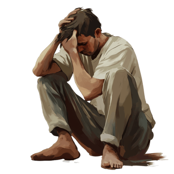 Emotionally distressed man sitting on the floor with his head in his hands showcasing deep discomfort and sadness, file no background Uncomfortable emotional man sitting and sweating png