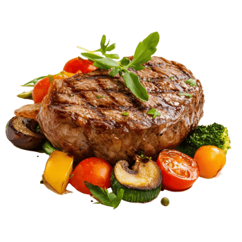 Delicious roasted beef steak served with colorful vegetables on a transparent platter, ideal for dinner any time of the year, roasted beef steak with vegetables isolated on transparent png