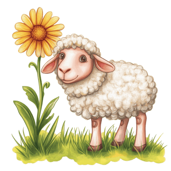 A cute clip art sheep standing beside a vibrant flower on a transparent background ideal for childrens designs or educational materials, clip art sheep and flower isolated on transparent background png
