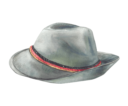 Mens Hat with three ribbons color of German flag gold, red, black strips. Watercolor painted illustration isolated from background. Headwear on Oktoberfest festival, traditional Bavarian costume. png