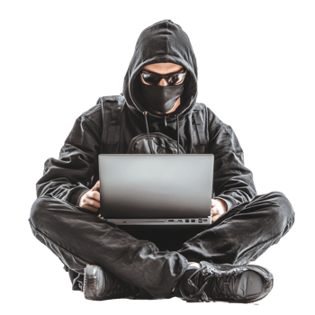 Hacker using laptop while seated on a transparent background, focused on digital tasks with a concealed identity, Hacker with Laptop on transparent background png