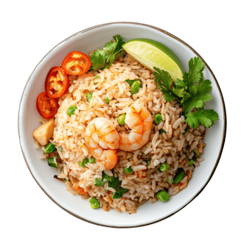 Delicious Thaistyle fried rice with shrimp paste, fresh herbs, and lime served in a transparent bowl, Fried rice with Shrimp paste, Thai style food on transparent background png