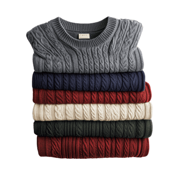 A neatly arranged pile of sweaters in multiple colors, featuring textured patterns, sweaters stacked group on transparent background png