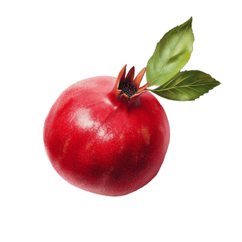 Fresh pomegranate with vibrant red skin and green leaf against a clean transparent background, Pomegranate with leaf on transparent background png