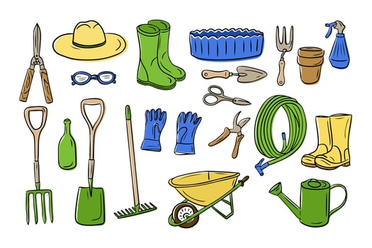 Colorful hand drawn garden tools set including shovels, gloves, watering can, wheelbarrow, rake, boots, and more, perfect for farming, gardening, and agriculture designs vector