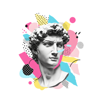 Digital Illustration of a Marble Bust with Pop Art Abstract Shapes and Modern Aesthetic, Surreal Pop Art Collage png